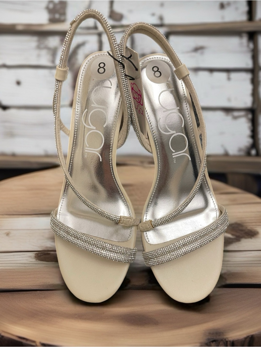 Sugar Crystal-Trim Slingback Heels in Champagne
